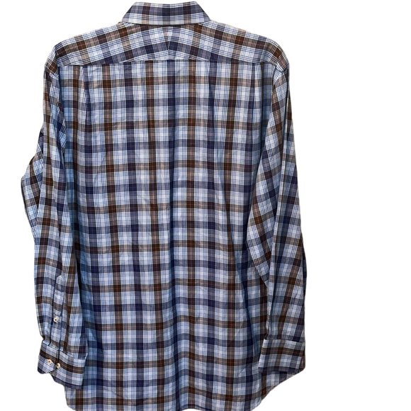 Peter Millar 100% Cotton Blue/Brown‎ Plaid Long Sleeve Button Down Shirt Size XL - Picture 3 of 8
